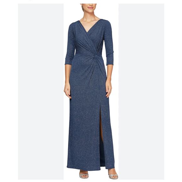 NWT Alex Evenings 3/4 Sleeve Long Dress with Cinched Tie Waist blue size 10 - Picture 1 of 14